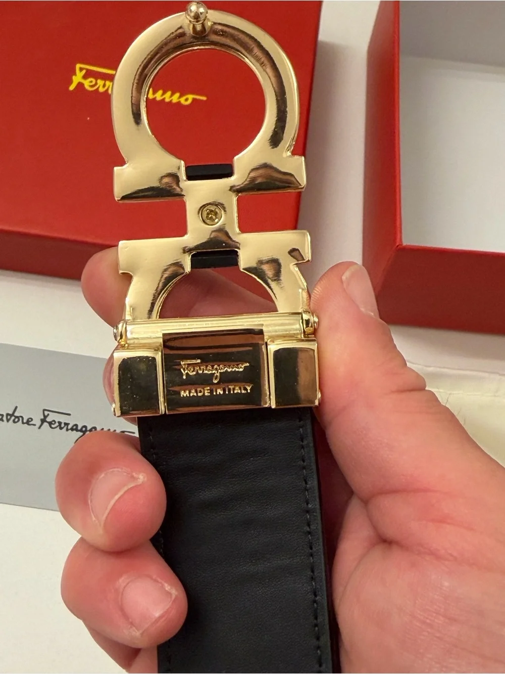 Salvatore Ferragamo Black Leather Belt with Gold Double Gancini Buckle
